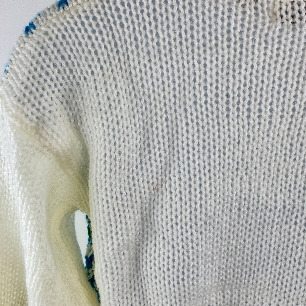 80s Vintage Womens Sweater White Blue Pink Green Geometric Flowers Size Medium - Picture 6 of 7